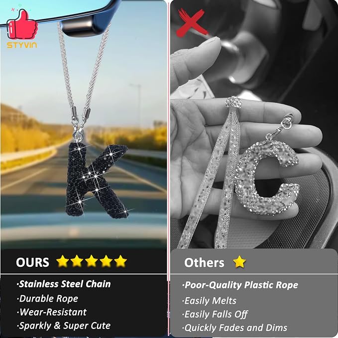 Letter K Bling Black Car Accessories Interior for Women, Interior Charm Rear View Mirror Cute Crystal Pendant Car Decorations for Men, Lucky Gifts Diamond Rhinestone