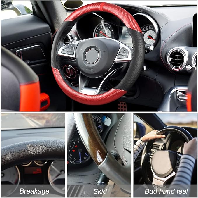 Osilly Car Steering Wheel Cover, 15 inch Anti-Slip Steering Wheel Protector, Carbon Fiber & Microfiber PU Leather Steering Wheel Cover for Women and Men, Universal Fit for Most Vehicles (Red)