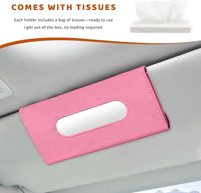 Car Visor Tissue Holder, Premium Leather Sun Visor Napkin Organizer with Tissue Refill, Universal Backseat Napkin Case Sunvisor Mask Holder for Cars SUVs Trucks RVs (Pink)