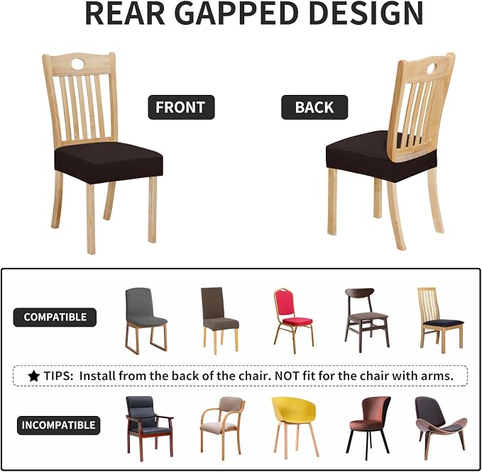 Easy-Going 100% Waterproof Seat Covers for Dining Room Chairs Set of 4, Stretch Chair Seat Slipcovers Protector Removable and Washable Kitchen Dining Chair Covers, Chocolate