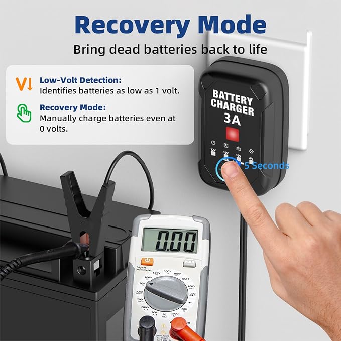 3A 6V/12V Car Battery Charger – Smart Trickle Charger, Battery Maintainer & Desulfator with Overcharge Protection & Temperature Compensation – for Lead Acid, AGM, Gel, Lithium Batteries