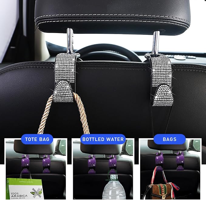 Ohleats 4 PCS Bling Car Seat Headrest Hooks, Crystal Rhinestone Back Seat Hanging Storage Organizer, Vehicle Seat Hanger Holder for Purse Handbag Coat, Interior Car Accessories (Purple)