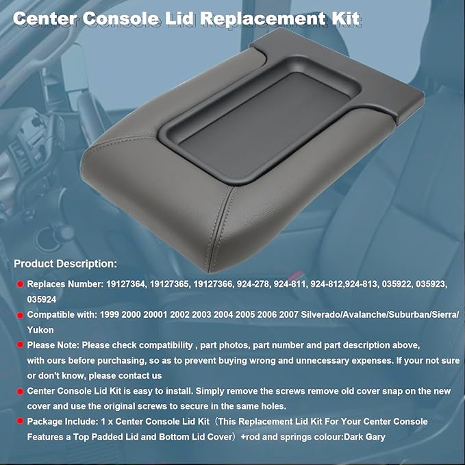 NHILES Center Console Lid Compatible with 1999-2007 Silverado Sierra | Fits 1999-2007 Avalanche Suburban Yukon Tahoe, Replaces OEM 19127364 19127365 19127366, Leather Cover, Dark Gray