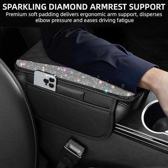 NBTEPEM Bling Car Center Console Cover, Leather Middle Console Cover with 2 Storage Bags, Universal Arm Rest Cover Protector, Bling Car Accessories Interior Fit for Most Vehicles, Multicolor Diamond