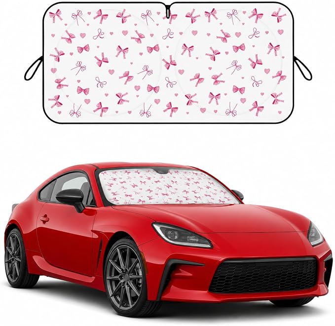 Car Windshield Sun Shade, Universal Fit Compact Sedan SUV, Cute Heart Bow | 59 x 27.5" Car Sun Visor , Foldable Front Window Sunshade, UV Heat Protection, Girly Bow Series