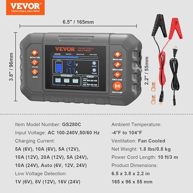 VEVOR Smart Battery Charger, 20-Amp, Lithium LiFePO4 Lead-Acid (AGM/Gel/SLA) Car Battery Charger with LCD Display, Trickle Charger Maintainer Desulfator for Boat Motorcycle Lawn Mower Deep Cycle