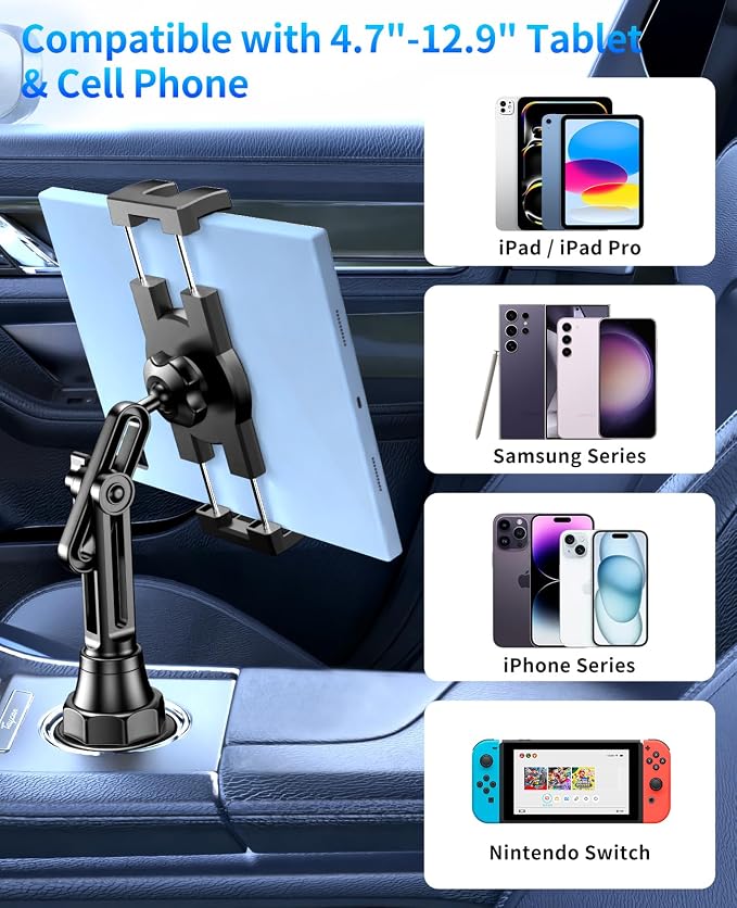 Tablet Holder for Car, Car Cup iPad Holder Mount, [Upgraded Version] Universal Cup Cradle, Long Adjustable Neck, for 4.7-13 Cell Tablet/Phone Stand for iPad, iPhone, Galaxy, Google, Switch and more