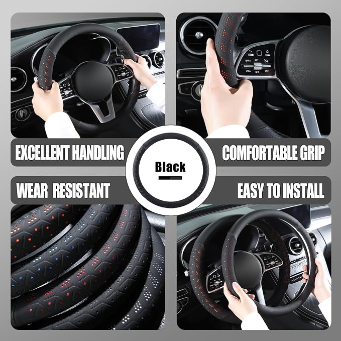 3D Soft 15 inch Leather D Shape Steering Wheel Cover Black | Breathable Anti-Slip Premium Skin-Feel Perforated Thin Nappa Leather, Universal 14.5 inch to 15 inch