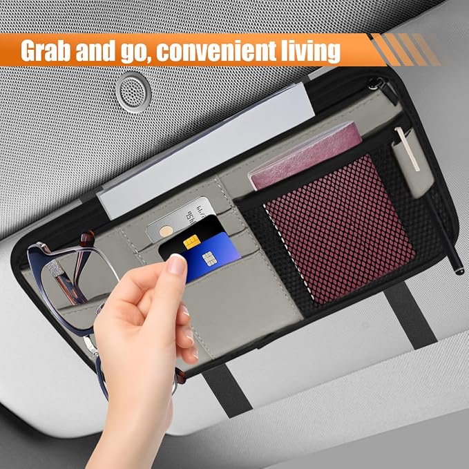 Car Sun Visor Organizer, PU Leather Automotive Visor Storage Pouch Holder with Multi-Pocket, Vehicle Interior Organizer Accessories for Sunglasses, Pen, Key, Phone, Cards, License(Gray)