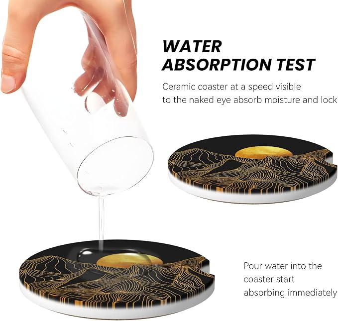 Golden Mountain Sun Car Cup Holder Coasters 2 Pack 2.63" for Women | Universal Anti Slip Ceramic Absorbent Coaster with Cork Base and Finger Notch Cute Car Accessories Interior