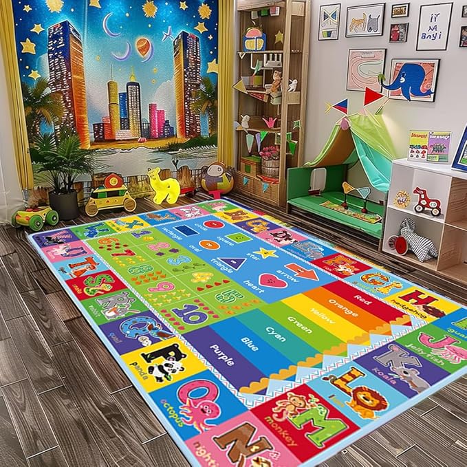 ABC Kids Play Rug, Non-Slip Classroom Carpet, 110" x 78.7" | Colorful ABC pattern, soft low-pile surface, non-slip backing, ideal for playrooms and classrooms