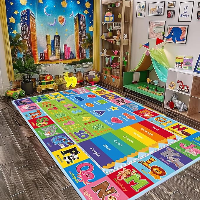 ABC Kids Play Rug, Non-Slip Classroom Carpet, 78.7" x 59" | Colorful ABC Pattern, Soft Low-Pile Surface, Non-Slip Backing, Ideal for Playrooms