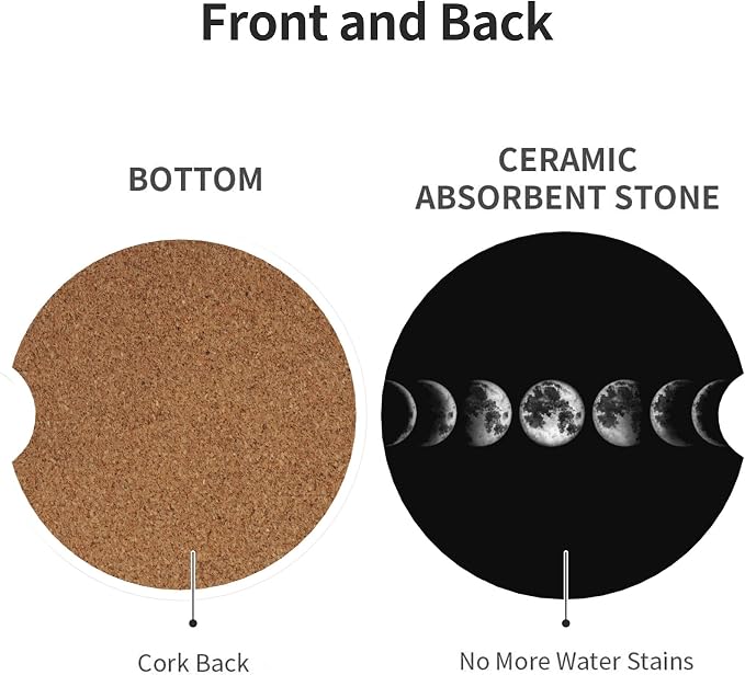 Moon Art Car Cup Holder Coasters 2 Pack 2.63" for Women | Universal Anti Slip Ceramic Absorbent Coaster with Cork Base and Finger Notch Cute Car Accessories Interior