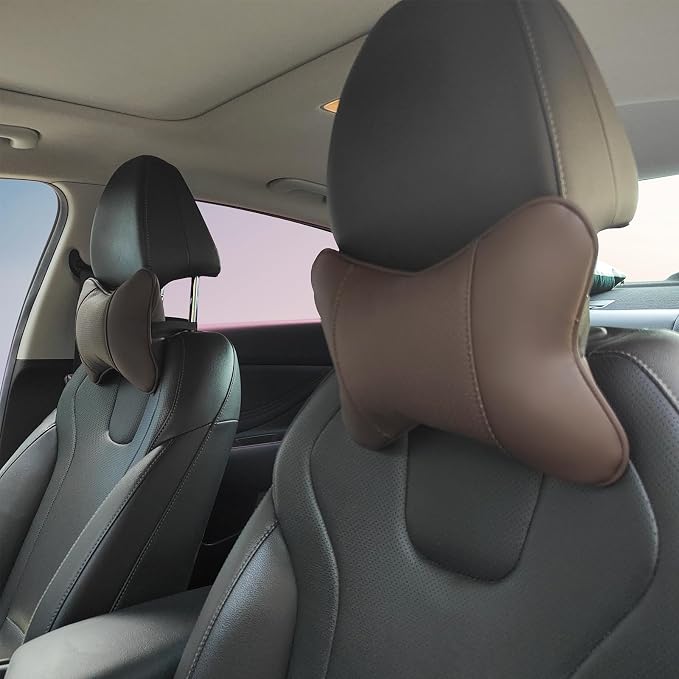 2 Pack Car Neck Pillow PU Leather Automotive Headrest Pillow for Car Support Neck Pain Relief Universal Car Pillow (Brown)