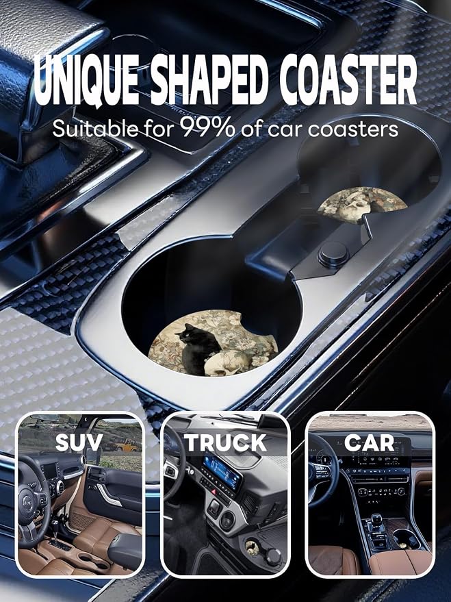 WOCOCN Car Coasters,Cup Holder Coasters for Car,2.75inch Anti Slip and Absorbent,Cute Automotive Interior Accessories for Cup Holder,Pack of 2 (Cat and Skull)