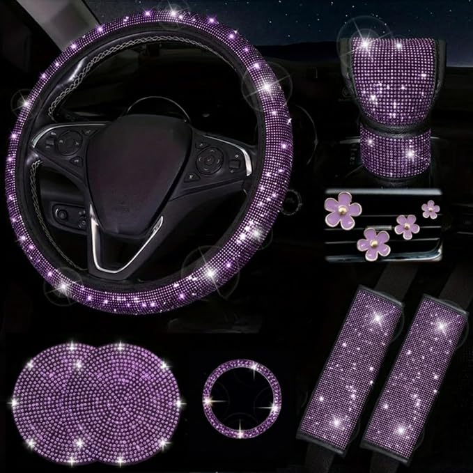11 pcs Bling Car Accessories Set for Women,Steering Wheel Cover,Sparkly Seat Belt Covers,Daisy Vent Clips,Bling Shift Cover,Car Cup Holder Coaster,Universal Fit Most Cars (Purple Diamond)
