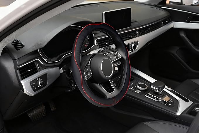 LABBYWAY Microfiber Leather Steering Wheel Cover, Universal 14.5-15 Inch,Anti Slip,Heavy Duty, Thick,Soft,Breathable Car Interior Accessories for Men Women (Black with Red line)