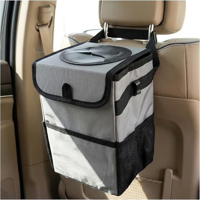 Car Trash Can with Lid, Multipurpose Collapsible Auto Garbage Bin with 3 Storage Pockets, Waterproof Leakproof Oxford Cloth Organizer Hanging Portable Trash Bin for Most Vehicles (Gray)