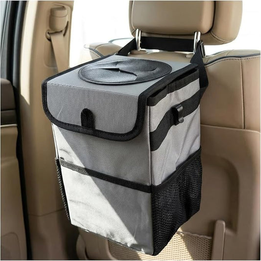 Car Trash Can with Lid, Multipurpose Collapsible Auto Garbage Bin with 3 Storage Pockets, Waterproof Leakproof Oxford Cloth Organizer Hanging Portable Trash Bin for Most Vehicles (Gray)
