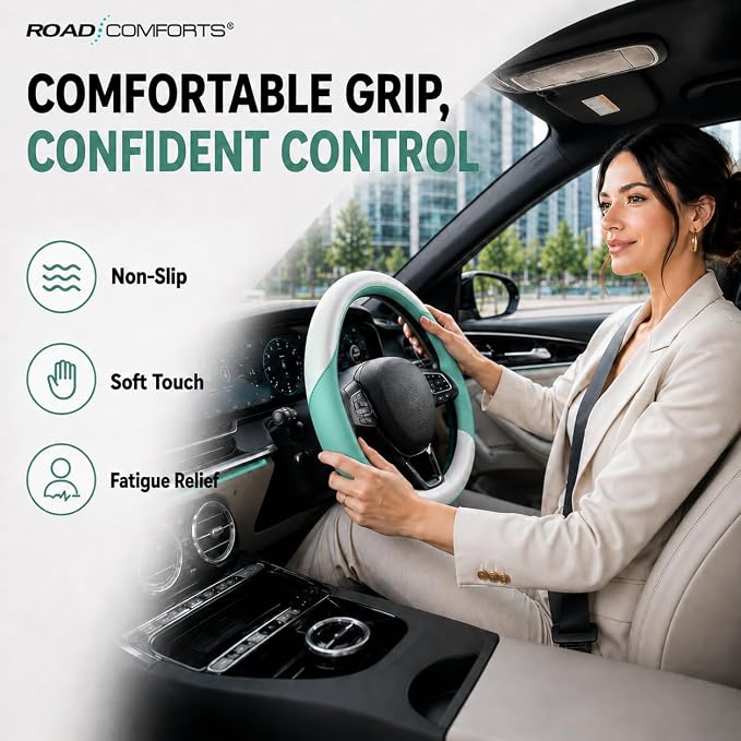 Road Comforts Steering Wheel Cover – Breathable Leather Steering Wheel Cover, Anti-Slip Grip, Universal Fit 14.5” to 15”, Heat & Cold Resistant for Cars, SUVs, and Trucks –Shining White & Mint