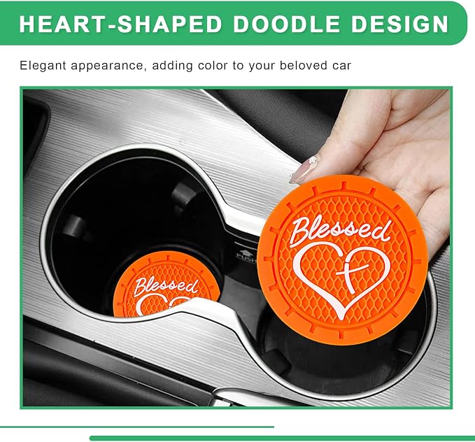 2 PCS Car Cup Holder Coaster, 2.76 Inch Non-Slip Auto Drink Mats with Blessed Cross and Heart, Shockproof Christian Cup Insert Coaster for Most Vehicles, Car Accessories (Orange)