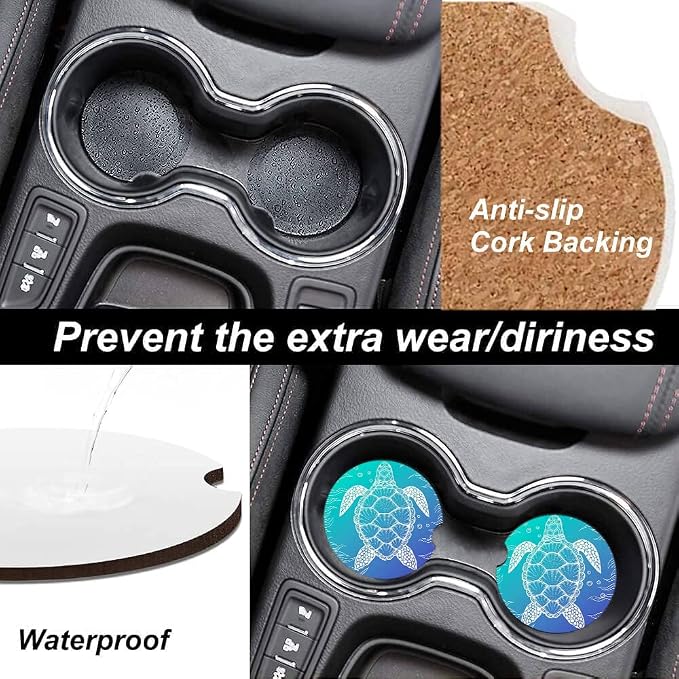 2 Pack Absorbent Car Coasters for Cup Holders,Ceramic Coasters with Cork Back and Finger Slot,Cupholder Accessories to Keep Your Car Cup Holders Clean and Dry 2.56"(Chic Underwater Sea Turtle Seaweed)