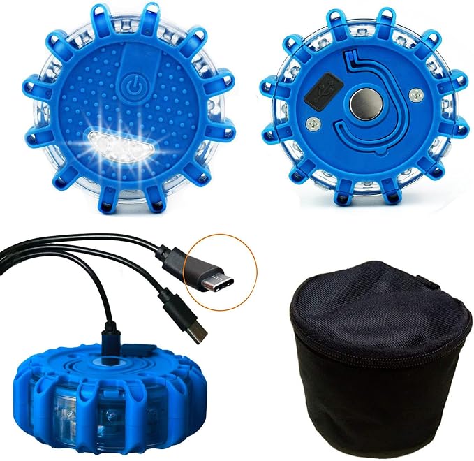 USB-C Rechargeable Blue LED Road Flare 3 Pack,9 Flash Modes Magnetic Waterproof Emergency Warning Light