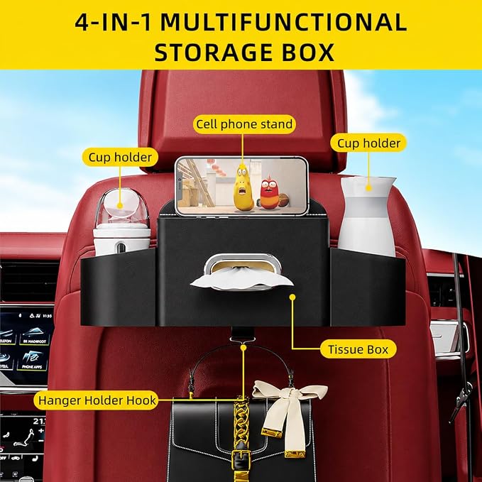 Back Seat Car Organizer with One Towel Leather Wood Materials (Black) | Tissue Box, 2 Drink Cup Holder, Phone Holder, Hook, Compatible with Most Vehicles