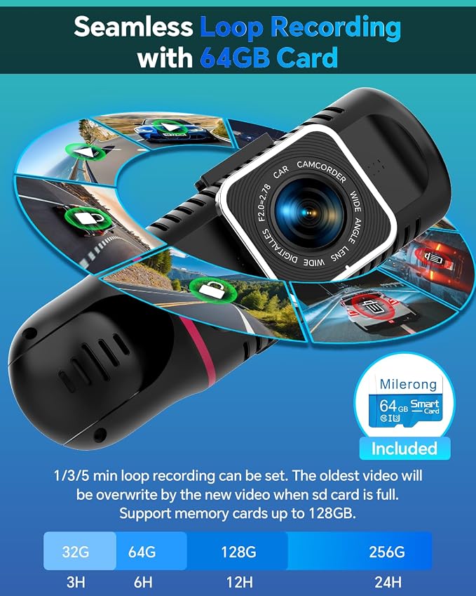Dash Cam Front and Rear Inside 3 Channel, 1080P Dashcam with 64GB Card | Dash Camera for Cars with 24H Parking Monitor, Super Night Vision, Loop Recording, G-Sensor, WDR, 2.3" Screen for Taxi
