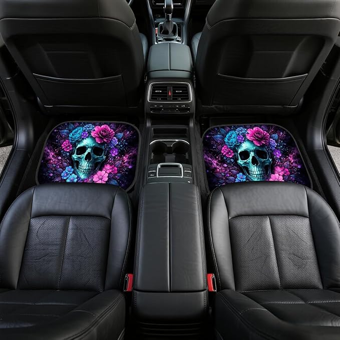 Skull Car Floor Mats Set of 4 Floral Gothic Dark Bloom Art Carpet Front Rear Carpets Mat Decorative Car Floor Carpets Non-Slip Auto Car Accessories Universal Fit for Car SUV Truck Van