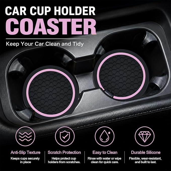 4PCS Car Cup Holder Coasters - 2.75 Inch Non-Slip Insert Water Bottle Holder Pads, Dustproof Automotive Interior Accessories Mat, Universal for Vehicles, Trucks, RVs (Pink Colour)