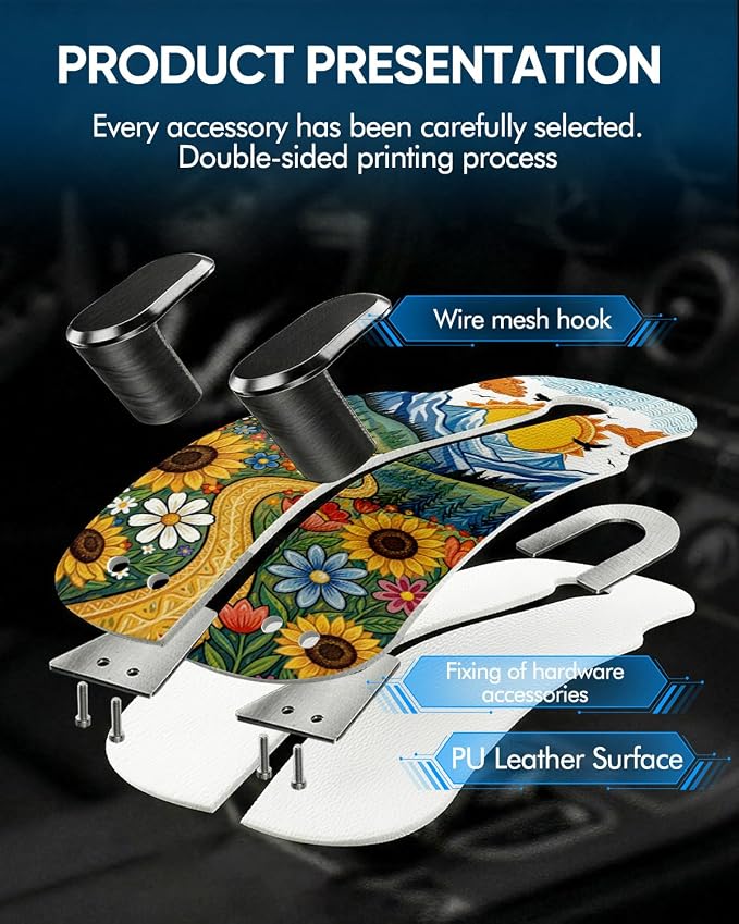 WOCOCN Purse Holder for Car, 2 Pack Heavy Duty Purse Hanger for Car, PU Leather Car Seat Hooks for Purses and Bags, Cute Sunflower Headrest Organizer for Handbags & Backpacks