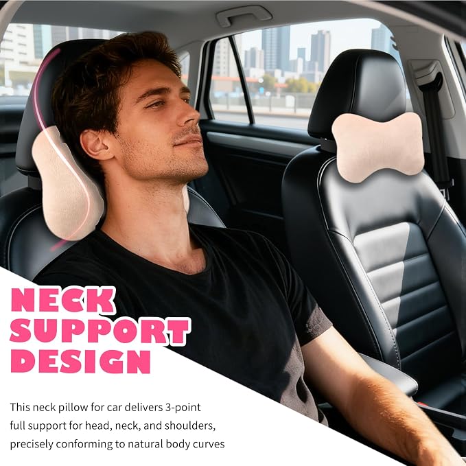 2PCS Soft Car Headrest Pillow,Ergonomic Car Neck Pillow (Beige) | for Driving Relief Neck Fatigue,Universal Cars Pillows Headrest for Cars Interior Accessories with Detachable Cover