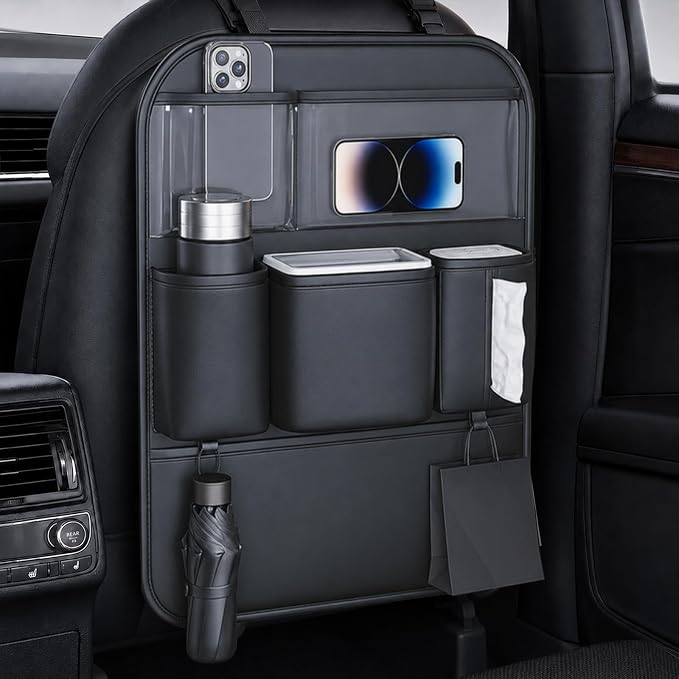 Car Back Seat Organizer, PU Leather Storage Pockets, Black 1 Pack | PU leather seat protector, storage pockets, cup pockets, tissue holder, 1 pack