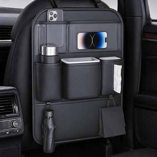 Car Back Seat Organizer, PU Leather Storage Pockets, Black 1 Pack | PU leather seat protector, storage pockets, cup pockets, tissue holder, 1 pack