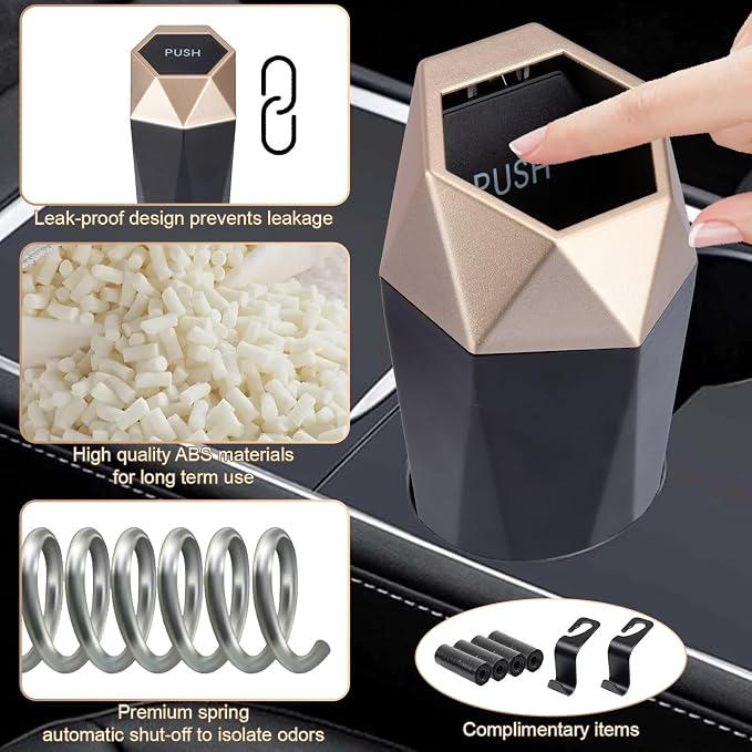 BFXM Car Trash Can, 2 Pack Car Trash Bin with Lid, Car Accessories for Women Interior, Car Garbage Can with Additional 2 ABS Hooks and 60pcs Trash Bags, Suitable for Home, Office, Car Organizer, Gold
