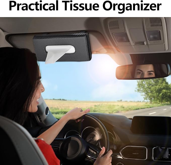 Wuyaoyao Car Tissue Holder, Auto Sun Visor Napkin Holder Mask Holder, Premium PU Leather Car Tissue Holder Visor Tissue Dispenser, Universal Sun Visor Tissue Box for Most Vehicle (Carbon Fiber)