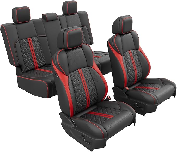 Custom Seat Covers for Tacoma 4th Gen 2024 2025 2026 Double Cab SR5/TRD Sport/TRD Off-Road/SR Full Set with Console Covers, Waterproof Leather Back and Front Seat Protectors Black Red
