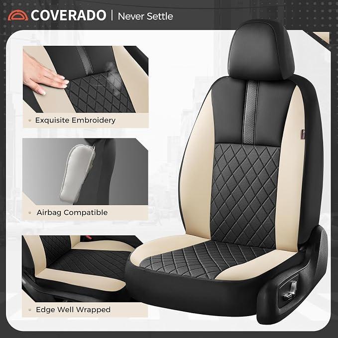 Coverado Car Seat Covers Full Set, Automotive Front and Rear Seat Covers with Backrest, Nappa Leather Car Seat Protectors Waterproof, Universal for Most Vehicles