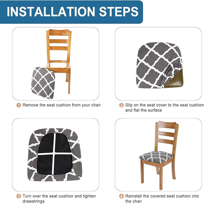SearchI Seat Covers for Dining Room Chairs Stretch Printed Chair Seat Covers Set of 4, Removable Washable Upholstered Chair Seat Protector Cushion Slipcovers for Kitchen, Office(Grey+White)