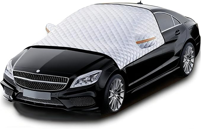 5-Layer Larger Covering Windshield Cover, UV Heat Insulation Sun Shade Cover, All Season Snow Ice Waterproof Windshield Cover, Hail Protector for Sedan Compact Hatchback (Size M)