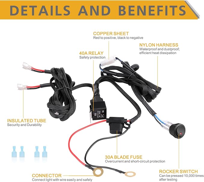 Wiring Harness 2 Lead, Rfroad Lighting 12V LED Light Bar Wiring Harness Kit - Rocker Switch 40A Relay Fuse, for Pod Lights Fog Lights Off Road Light Bar Wire Kit for Truck UTV ATV Boat