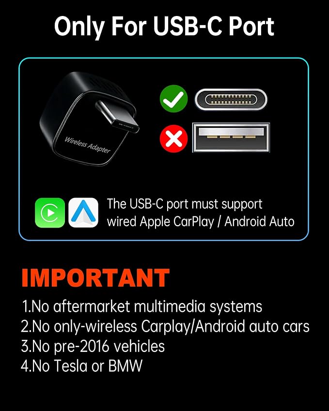 Wireless carplay Adapter USB c, Convert Factory Wired CarPlay/Android auto to Wireless, Designed for USB-C Port Cars, Stable Connection