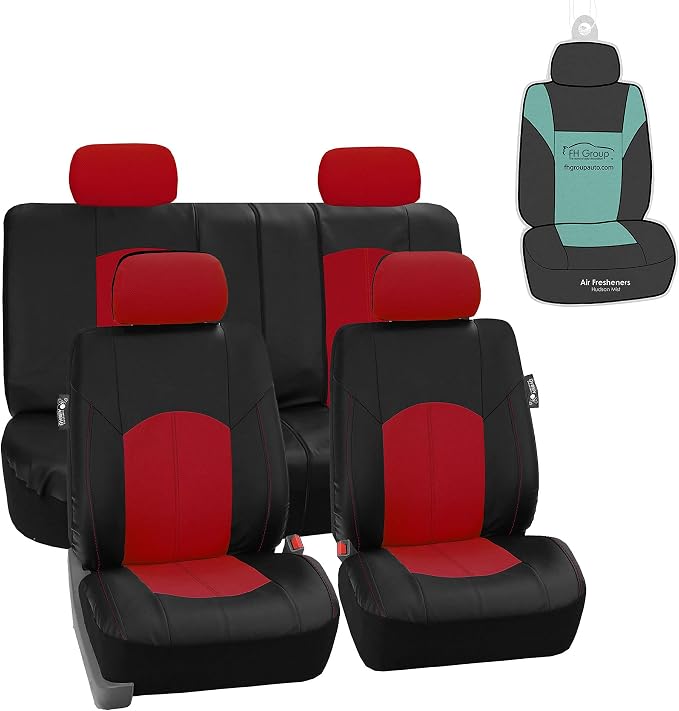 FH Group Automotive Seat Cover Highest Grade Faux Leather Red Black Full Set, Combo Car Seat Cover Design Airbag Compatible Split Bench Tan Car Seat Covers Interior Accessories Universal Fit Truck SUV