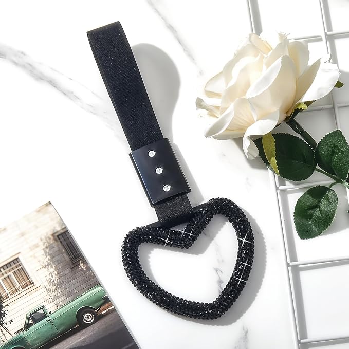 Fabbay Bling Car Accessories Bling Heart Handle Ring Car Accessory for Women Hand Strap Drift Charm Rear Bumper Warning Ring Decor for Auto Bus Interior Exterior Decoration (Black, Heart Style)