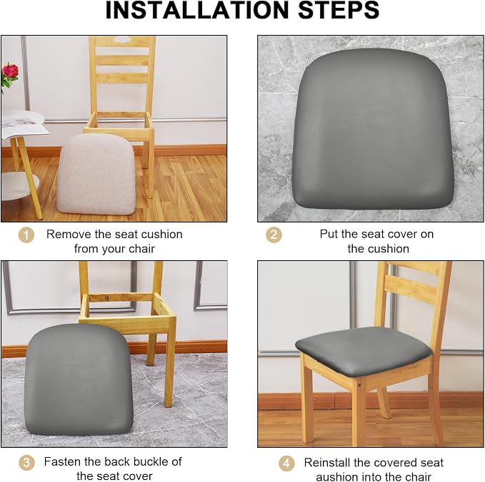 Leather Stretch Chair Seat Covers with Elastic Ties,Waterproof Dining Room PU Leather Chair Cover Seats,Removable Washable Chair Protector Seat Cushion Slipcovers for Home,Kitchen (Gray, 2 PCS)