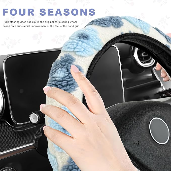 Plush Flowers Steering Wheel Cover, 15 inch Anti-Slip Breathable Steering Wheel Protector Cute Floral Decor, Elastic Soft Wheel Cover Universal Fit for Most Vehicles (Light Blue)