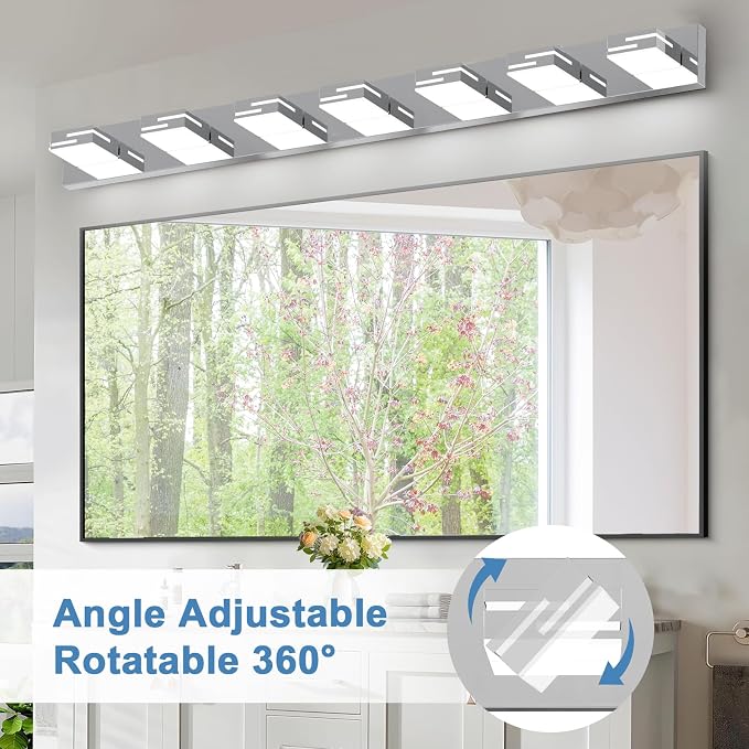 LED Modern Bathroom Vanity Light Fixtures, Dimmable Chrome Vanity Lights for Bathroom Lighting Fixtures Over Mirror, with 360° Rotatable Heads 7-Light 48-inch (Cool White 6000K)