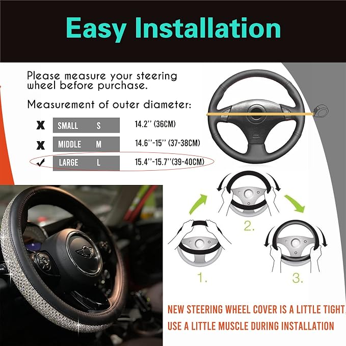 PINCTROT Large Size Bling Comfy Steering Wheel Cover with Jumbo Crystal Rhinestones, Anti-Slip Diamond Leather, 15.5-15.75 Inch (Silver)