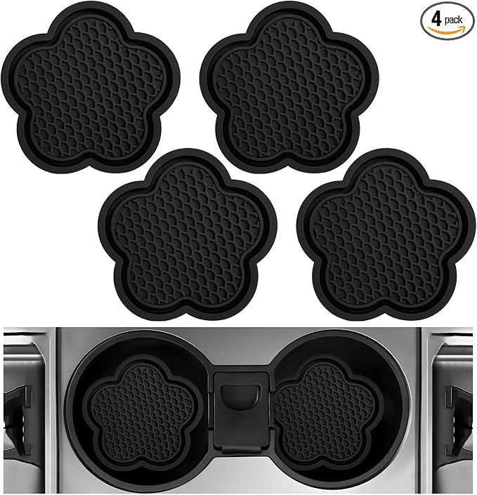 DXNQ 4 PCS Car Cup Coasters, Cute Flower Shaped Car Cup Holder Mat, PVC Waterproof Anti Slip Vehicle Cup Holder Insert Coaster, Universal Car Interior Decor Accessories (Black)